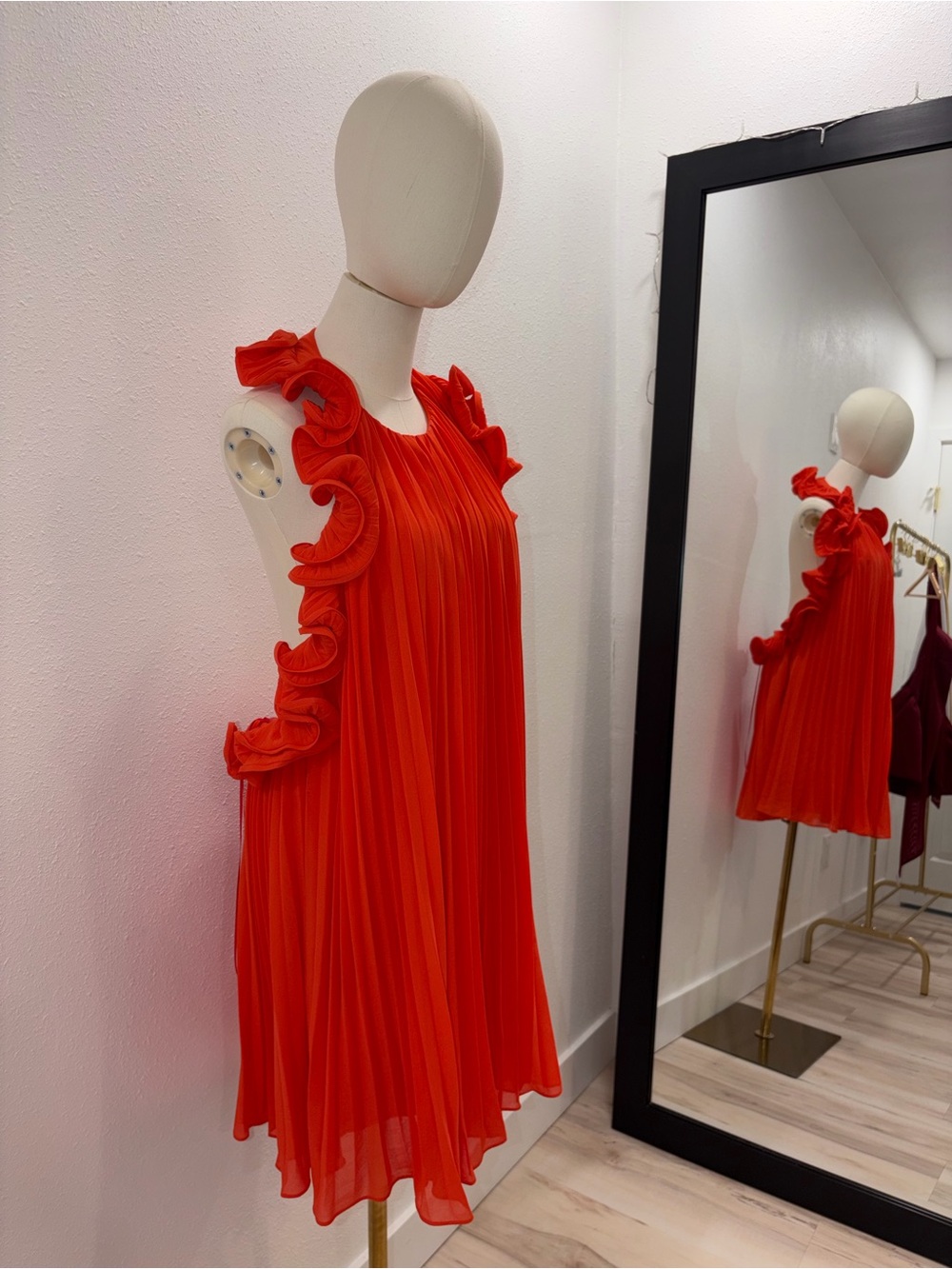 AMUR Red Ruffle-Trim Pleated Backless Dress